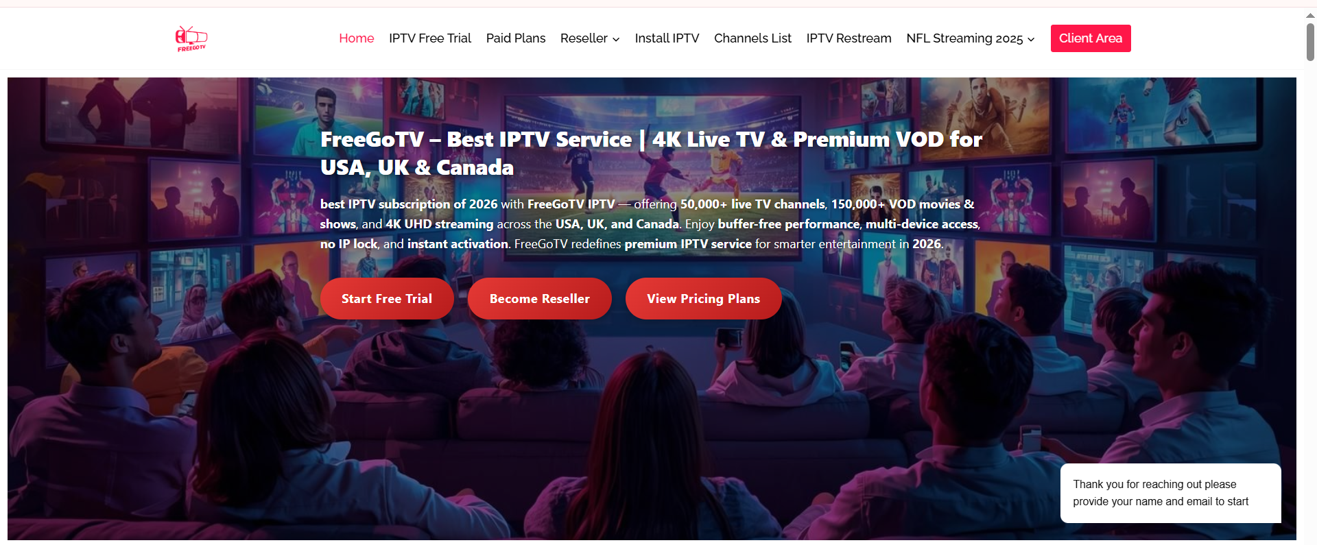 FreeGoTV IPTV Service Interface Screenshot showing channel lineup and streaming options