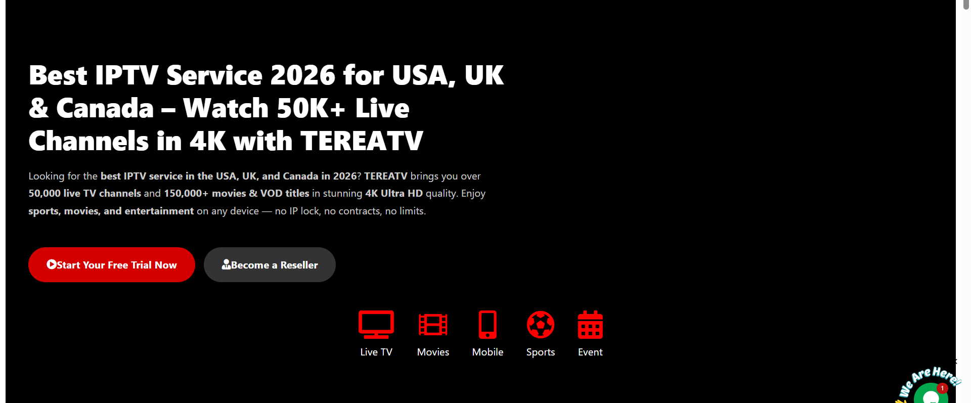 TEREATV IPTV Platform Dashboard showing 50000+ live TV channels for USA and UK viewers